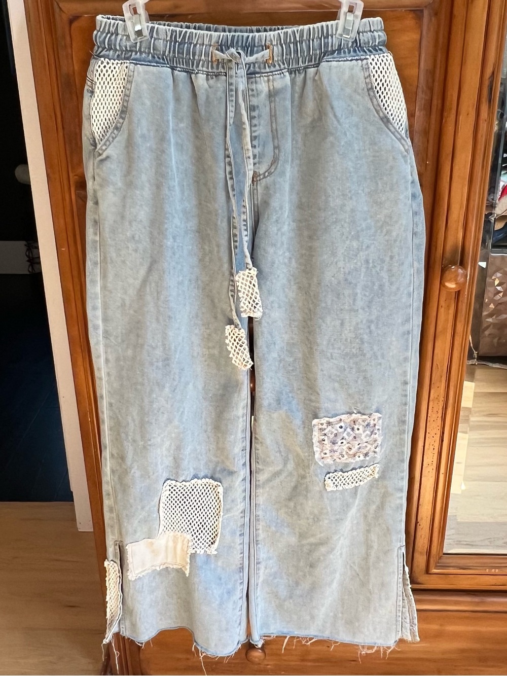 POL Light Blue Patchwork Wide-Leg Denim Maxi Jeans